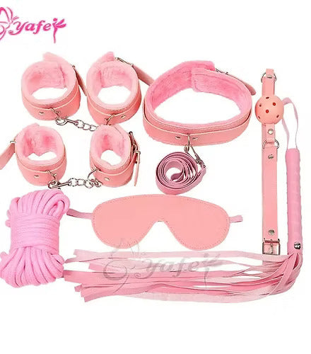 Kit Bondage 7 Piezas Negro – Esposas, Látigo, Máscara y Más
