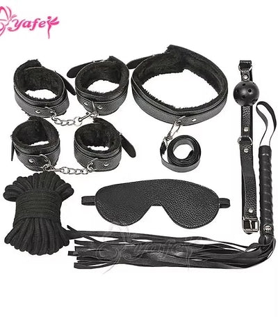 Kit Bondage 7 Piezas Negro – Esposas, Látigo, Máscara y Más