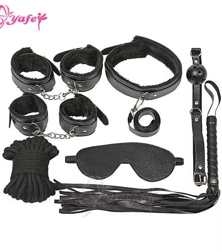 Kit Bondage 7 Piezas Negro – Esposas, Látigo, Máscara y Más