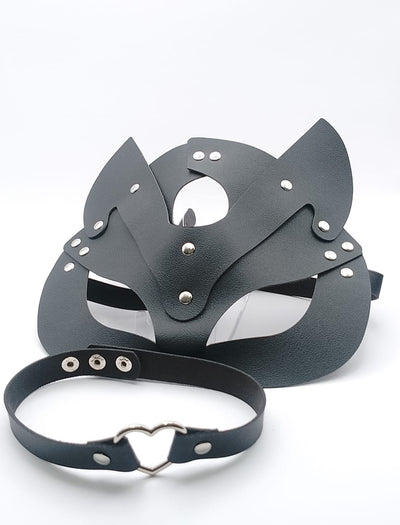 Kit mascara + collar cuero Gato corazon