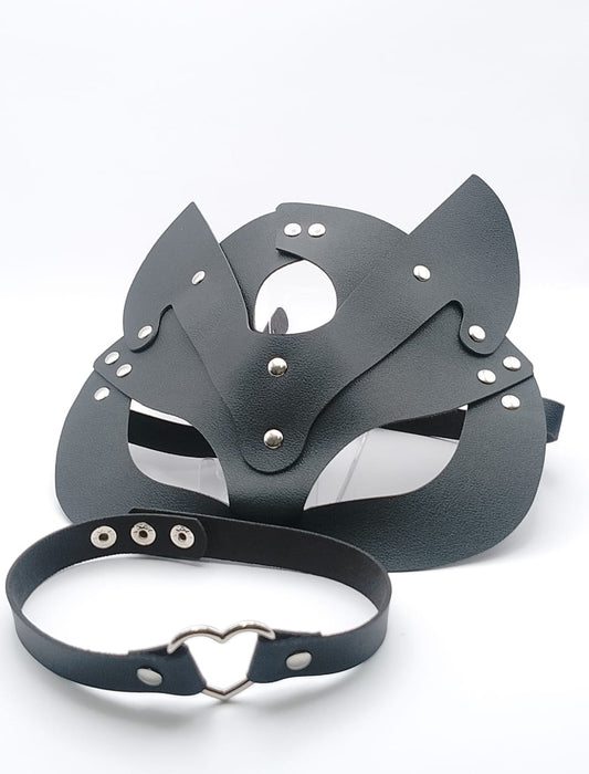 Kit mascara + collar cuero Gato corazon